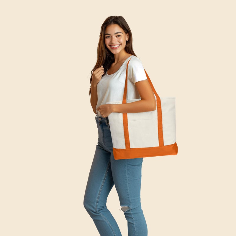 DALIX 22" Large Cotton Canvas Zippered Shopping Tote Grocery Bag in Orange - Image 4